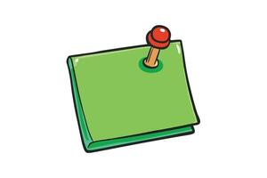 Green paper note with red push pin, perfect for sticky notes, reminders, and office or personal use in presentations and creative designs vector