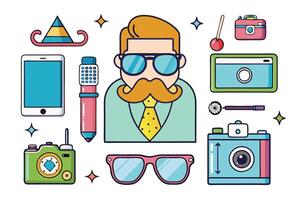 Quirky, fun, and trendy infographics featuring vintage items, cool glasses, and retro accessories in a playful and creative hipster style vector