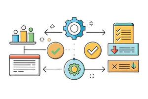 Business process infographic template with visual flow of steps, including graphs, gears, and colorful icons for business strategy design vector