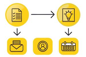 Stylized infographic showing the connection between business stages with arrows, gears, and data visualization elements for professional use vector