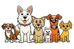Group of joyful and smiling cartoon dogs in various breeds, such as terrier, beagle, and chihuahua, depicted in a playful and fun style vector