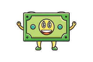 Playful dollar bill character with golden coin eyes and smiley face, designed for financial concepts, wealth, and money themes vector