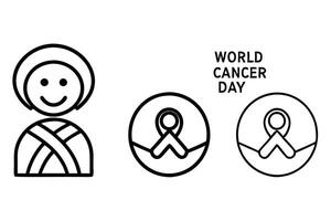 Diverse collection of cancer awareness line art icons, featuring ribbons, people, and hearts to highlight support, unity, and hope for world cancer day line art icon set vector