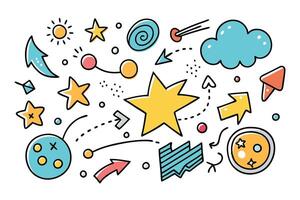 Vibrant hand drawn doodles of stars, arrows, speech bubbles, and circles on a white background, perfect for creative and playful themes vector