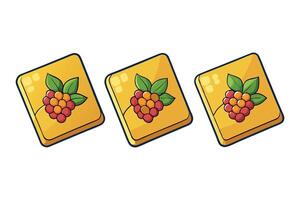 Vibrant artwork of golden square cards, each featuring an image of a raspberry, great for use in branding or food related designs vector