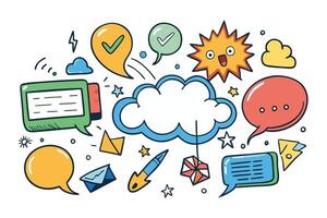 Illustrations of hand drawn speech bubbles and graphic elements such as stars, check marks, and clouds, ideal for adding fun and creative accents to designs vector