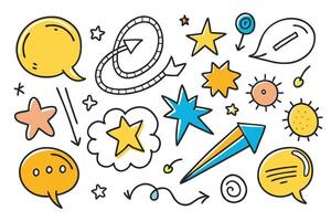 Colorful hand drawn arrows, stars, and speech bubbles with scribble lines and circles in a fun doodle style design ideal for creative projects vector