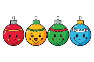 Bright and joyful cartoon Christmas ornaments with colorful patterns and smiling faces, perfect for adding a fun, cheerful touch to holiday projects vector