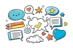 Colorful hand drawn speech bubbles, clouds, and fun design elements including stars and arrows, perfect for creating engaging communication graphics vector