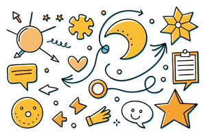 Bright and quirky hand drawn arrows, stars, and speech bubbles with a variety of doodle style designs for artistic and playful compositions vector
