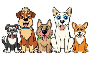 Cartoon dogs of multiple breeds, including a playful golden retriever, a chihuahua, and a terrier, sitting in a row with their tongues out vector