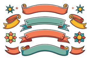 Collection of hand drawn, colorful vintage ribbons, ideal for retro themed designs, banners, and decorative elements in graphic projects vector