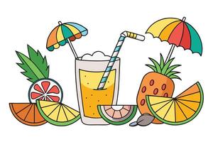 Vibrant tropical cocktail with multiple fruits such as pineapple, watermelon, and citrus, featuring a colorful straw and a cocktail umbrella for a fun summer vibe vector