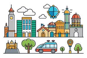 Colorful cityscape illustration featuring iconic buildings, trees, and vehicles in a playful and engaging design, ideal for urban themed graphics vector