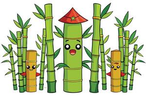 Cartoon bamboo plants with smiling faces and colorful red hats, perfect for fun, playful design projects, and Asian inspired illustrations vector