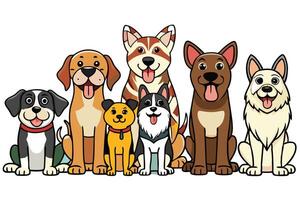 A variety of cute cartoon dogs with different breeds, including a corgi, beagle, and a terrier, all sitting happily together on a white background vector
