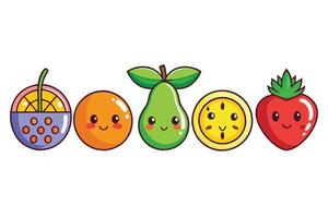 Set of colorful fruits in cute cartoon style featuring various fruits like pineapple, orange, pear, lemon, and strawberry with cheerful facial expressions vector