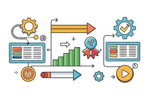 illustration of a business process with directional arrows, colorful icons, charts, and data analysis graphics for corporate design vector