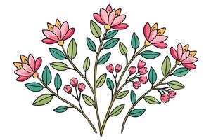 A vibrant hand drawn floral design featuring pink and green flowers and leaves, ideal for spring and summer themed graphics and invitations vector