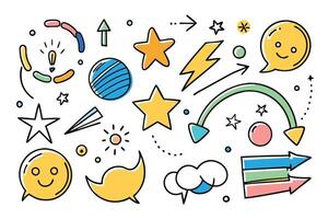 A colorful collection of hand drawn stars, arrows, speech bubbles, and circles in an abstract and lively doodle style, great for designs vector