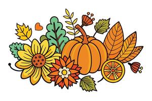 Autumnal flower and pumpkin doodle design with vibrant foliage, creating a cozy seasonal atmosphere perfect for fall themed graphics vector