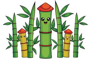 Animated bamboo stalks with happy expressions, featuring red roofs, great for Asian themed art, nature designs, and fun creative projects vector