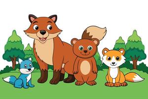 Fun and vibrant woodland forest animals set, including a smiling bear, fox, and small playful creatures, designed for childrens books and games vector