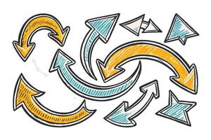 Creative hand drawn arrows in a curved, doodle style, symbolizing direction, flow, and movement with vibrant colors of yellow, green, and blue vector