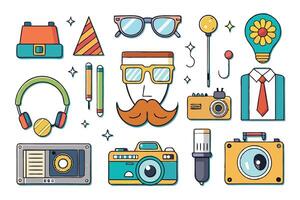 Fun and colorful collection of retro style accessories, sunglasses, and vintage items with a quirky, creative vibe perfect for any hipster themed design vector