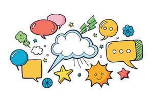 Set of hand drawn speech bubbles, stars, and playful design elements like clouds, lightning, and arrows, perfect for comic style designs and social media posts vector