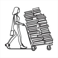 Single continuous line drawing woman in casual clothes pushing trolley full of rows of books silhouette white background vector