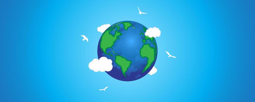 earth with clouds and birds flying around for earth day, protect earth, nature care banner background template