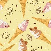 Summer seamless pattern with Ice Cream cones. Aesthetic dessert design. vector