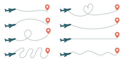 Set of elements travel way by plane, flight route. Takeoff and landing of a passenger plane. vector