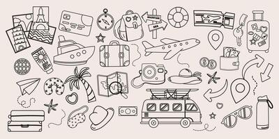 Set outline of travel elements hand drawn with lettering vector