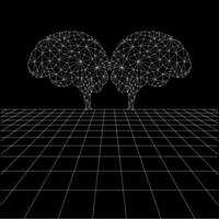 Brain polygonal lines on the Synthwave vaporwave, perspective grids, wireframe landscape background, laser grid in deep space. Version 2 vector