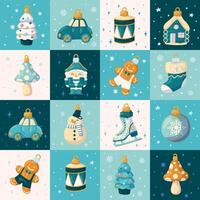 Festive seamless pattern. Christmas ornaments in squares. For wrapping paper, fabric, background. vector