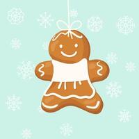 New Year cookie in the shape of a girl figurine hanging on a string. Christmas decoration vector