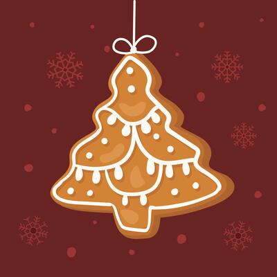 New Year cookie in shape of a tree hanging on a string. Christmas decoration. illustration