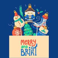 New Year decorations as a gift in a bag. Snowman, nutcracker, ice skates, tree, stocking, bauble. vector