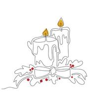 Christmas candles with a bow and pine branches in one line drawing style. minimalist illustration. vector