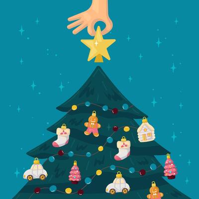 Hand placing star on top of New Year tree. Home decoration. Christmas card. illustration