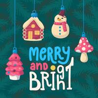 Banner with Christmas ornaments on a background of fir branches. Hand lettering. Merry and Bright. vector