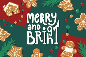 New Year background for text. Banner for print and website. Christmas gingerbread cookies, fir branches, and garlands. vector