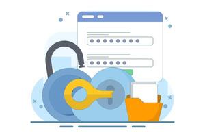 Cloud security system concept, Data stored on secure cloud server, Cloud storage password authentication, Password key security, Flat design illustration on background. vector