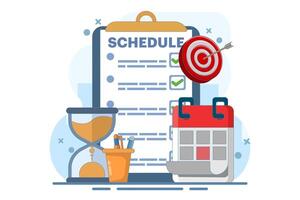 Meeting agenda, goal concept to be completed. Time management, planning project, calendar and pen box, completing work tasks, organizing schedule. Flat illustration on background. vector