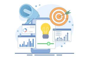 Business Idea Graphic Information Concept. Business Idea Concept Design. Checking information with magnifying glass. Flat illustration on background. vector