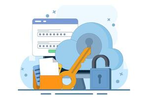 Cloud security system concept, Data stored on secure cloud server, Cloud storage password authentication, Password key security, Design illustration. vector