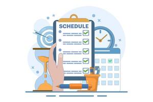 Meeting agenda, goal concept to be completed. Time management, planning project, calendar and pen box, completing work tasks, organizing schedule. Flat design illustration vector