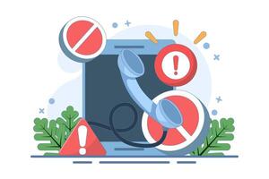 Phone concept with exclamation mark. warning notification. suspicious call, danger and fraud. danger of fraud by phone. symbol or icon. flat illustration with minimalist style design. vector